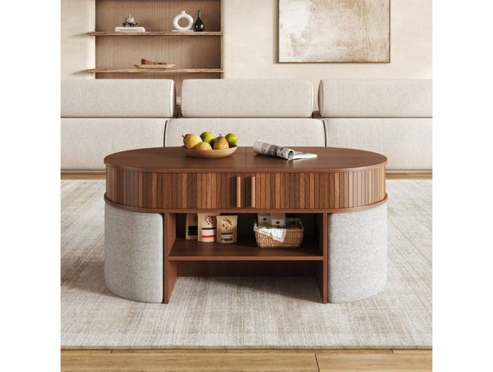 NuvlaGu - Table basse ovale de rangement avec 2 portes coulissantes étagères ouvertes et tabouret en tissu inclus - Noyer