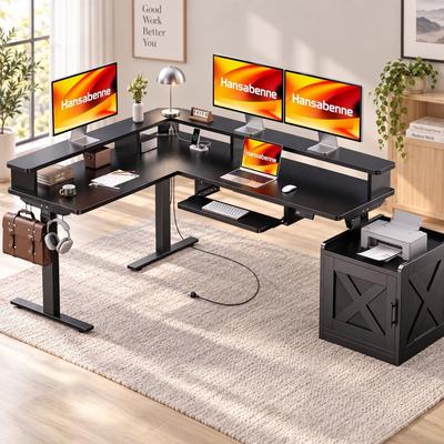 Hansabenne L-Shaped Standing Desk with Storage Cabinet & Monitor Shelf