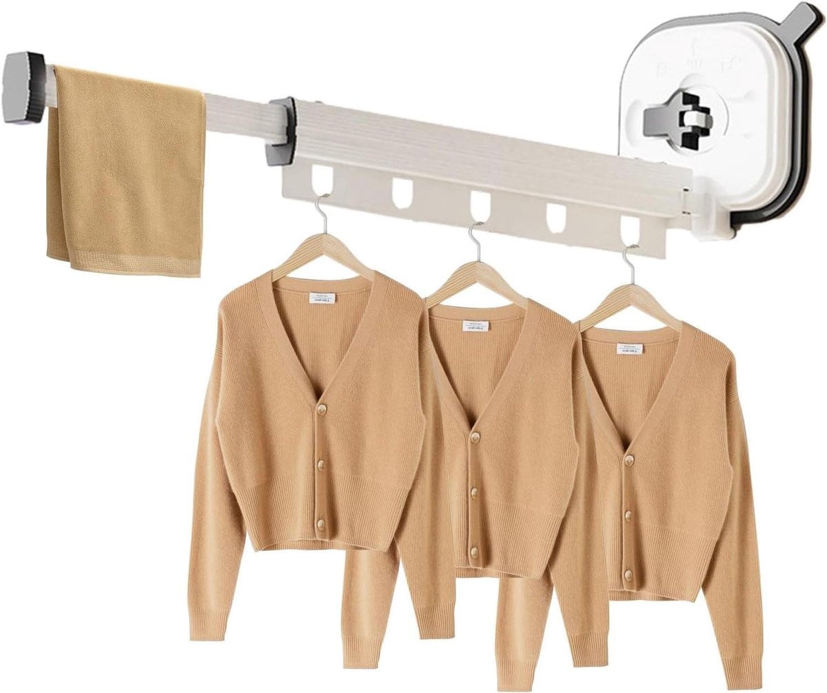 Wasserij Droogrek met Intrekbare Hanger in Wit - Wandmontage Ontwerp - B/D/H: 63 x 162 x 63 cm