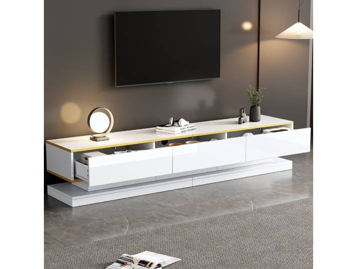 Meuble TV 200*40*40cm, Meuble bas avec 3 tiroirs, Meuble TV brillant, Meuble de salon avec grand espace de rangement, Table TV blanc chaud avec bord doré, Meuble TV sur pied