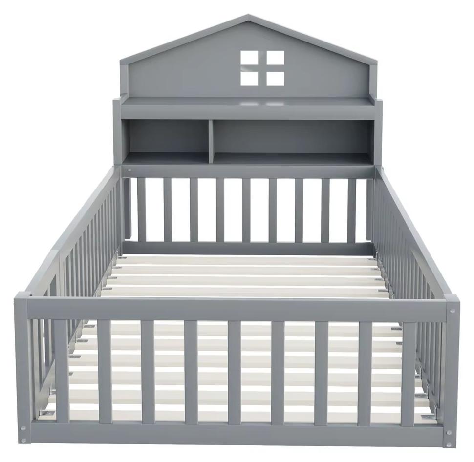 Kinderbett - Hausbett aus Massivholz - 90 x 200 cm - Mit Stauraum - Schutzgitter - Dunkelgrau