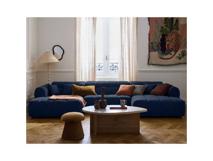 Ray - canapé panoramique en U 7 places en tissu texturé - Bleu