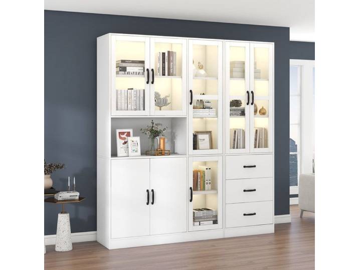 COVREO Ensemble de vitrines blanches 180 x 40 x 200 cm 8 portes vitrées 3 tiroirs LED USB