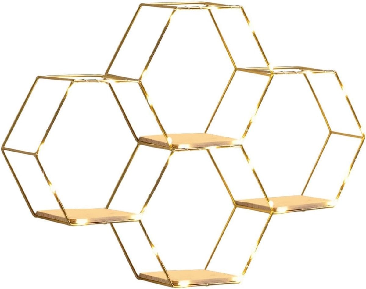 Set van 4 Zeshoekige Wandplanken met LED Verlichting - Goud