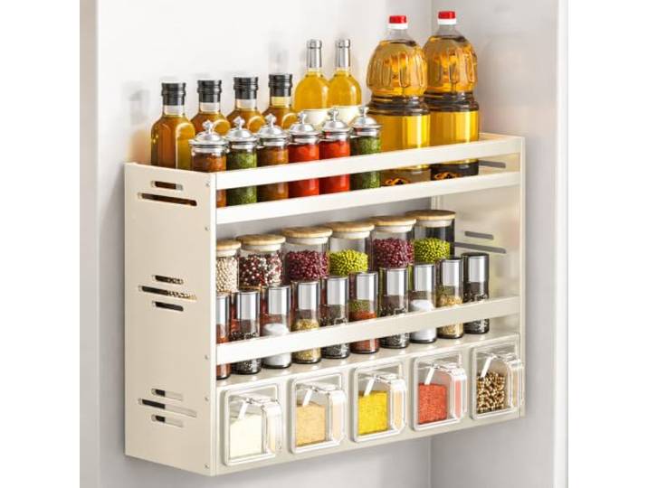 JS Space Gewürzregal Wand, Gewürz Organizer zur Wandmontage mit Behältern Mehrstöckiges Küchenregal für Ölflaschen, Gläser, Gewürze und Vorräte(white,3tier 5 squares)