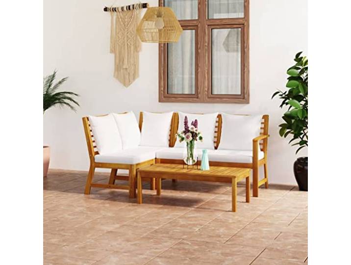 Acacia massif finition huile Patio balcon jardin Ensemble 4 pieces Crème Salon de jardin 4 pcs Bois d'acacia massif avec coussins crème Ensemble de canapé modulaire table basse pour patio terrasse