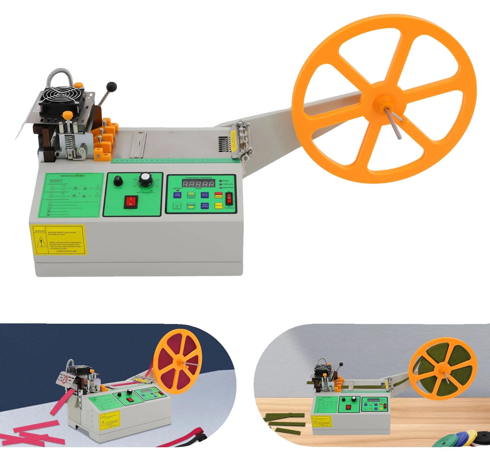 Gurtband-Schneidemaschine, 500W, Klingenbreite 110mm, Schneidstärke 1-5mm, Abmessungen 48cm x 33cm x 31cm, LCD-Display