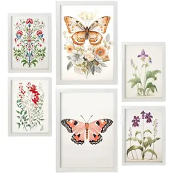 POSTER Set Mit 6 Blumen & Schmetterlinge A3 & A4 Weißer Rahmen