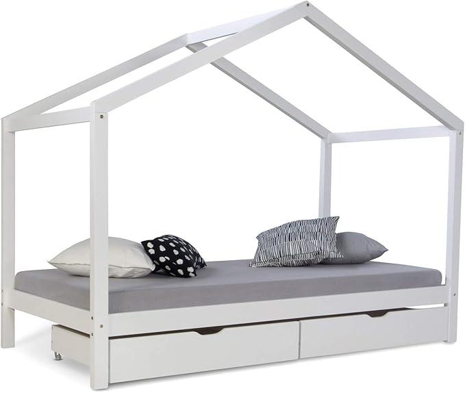 2075, Kinderbett 90x200 cm mit Matratze Lattenrost Bettkasten Hausbett Kinder Weiß Holz Haus