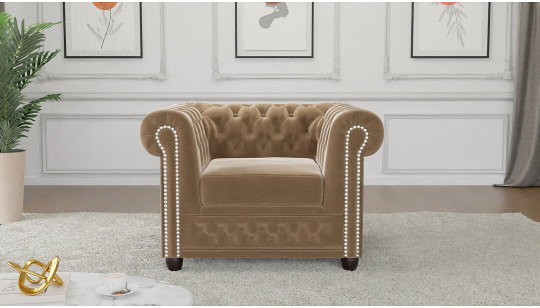S-Style Furniture Chesterfield Armchair Hanna Made of Velvet Fabric with Solid Wood Legs Beige 72cm H X 94cm W X 86cm D