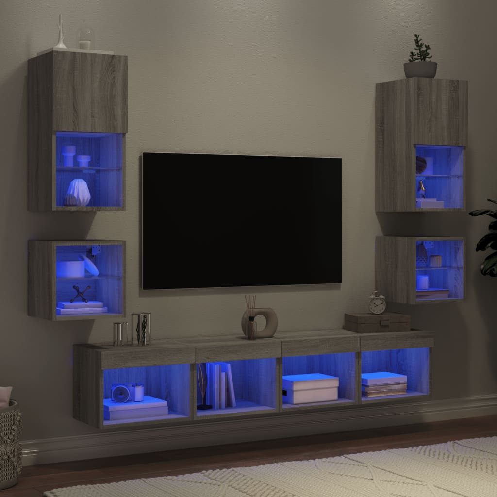 vidaXL Muebles TV pared con LED 8 pzas madera ingeniería gris Sonoma Gris