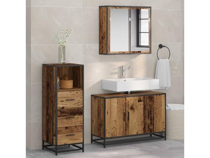 Badezimmermoebel Set 3 Stueck Altholz Holzwerkstoff mit Spiegel und Schrank 3-teilig, Altholz, Holzwerkstoff, Wandmontage, Schubladen, Regalbretter, Spiegel, bündige Türen, pflegeleicht