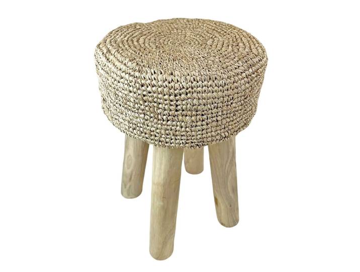 Tabouret en raphia et bois teck d.32 x 45 cm