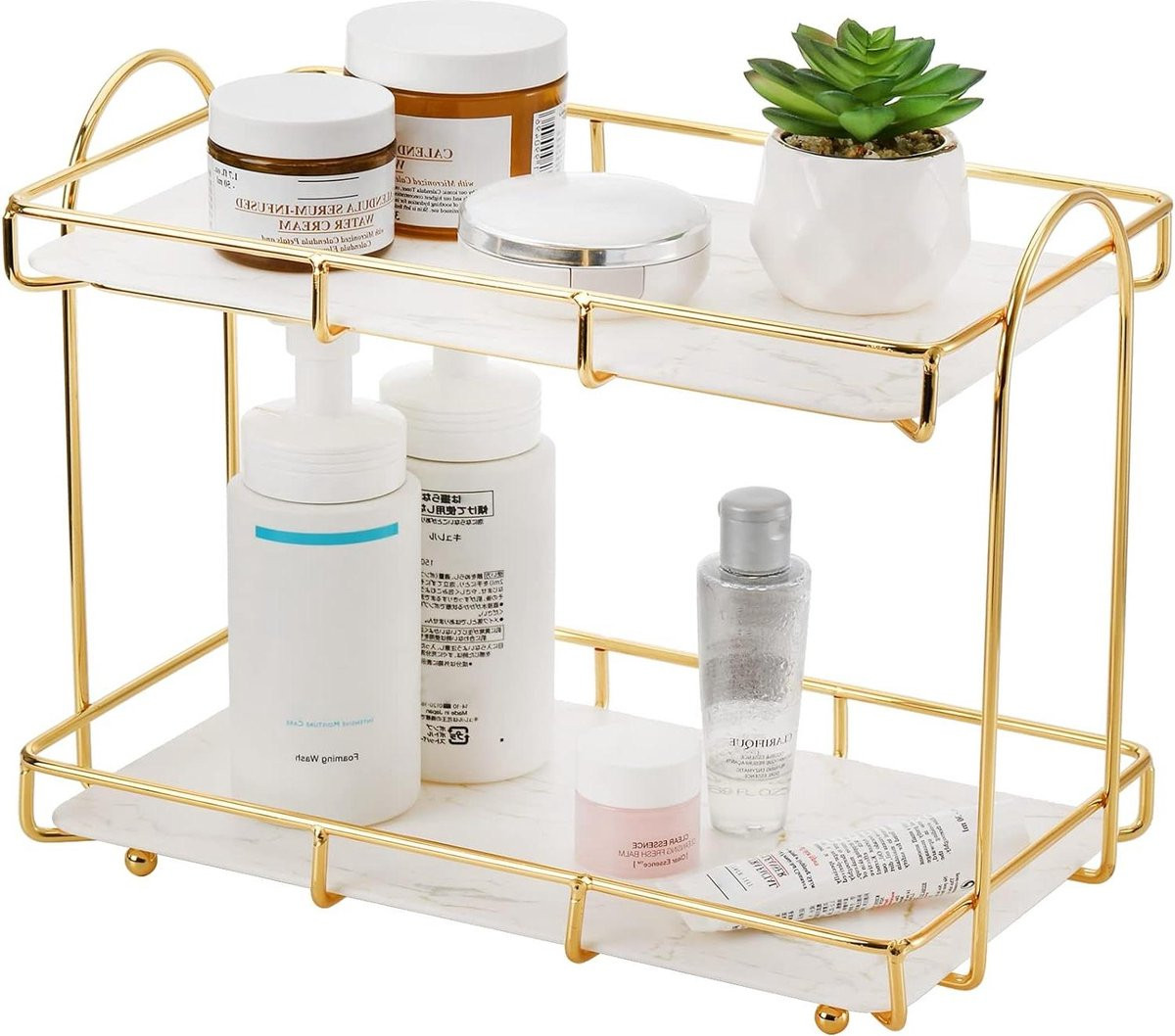 Badkamer Aanrecht Organizer met Marmering Tray voor Make-up en Cosmetica - Goud - L: 315 cm, B: 173 cm