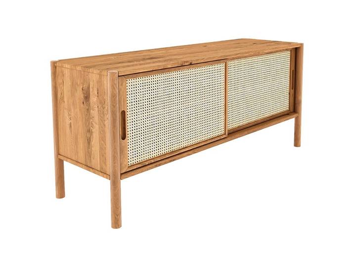 Lomadox Lowboard PORI-165, 142cm breit, Eiche massiv geölt, montierte Lieferung, Rattangeflecht
