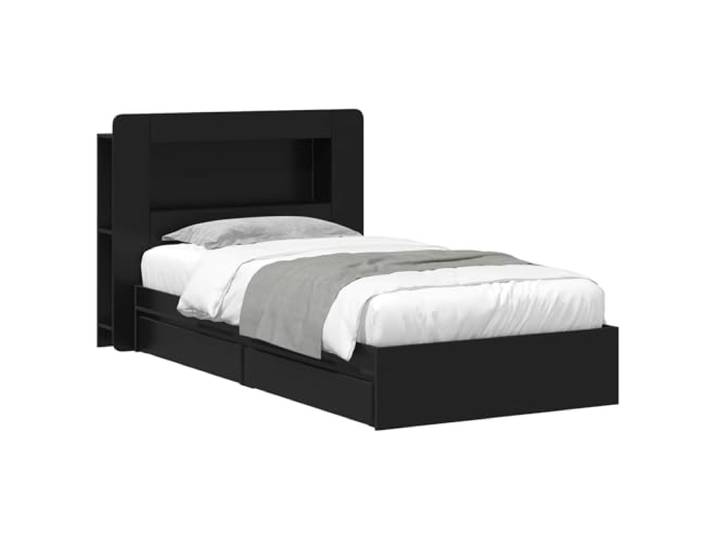 LKJephalotrop Bettgestell mit Stauraum Schwarz 90x190 cm Holzwerkstoff Integriertes Kopfteil mit Ablage und praktische Unterbett-Schubladen bieten optimalen Ordnungssinn im Schlafzimmer.