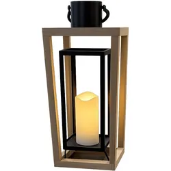 Laterne, Laterne aus Holz & Metall mit LED Kerze und Timer, 48,5 cm, offenes Design in Natur-Schwarz