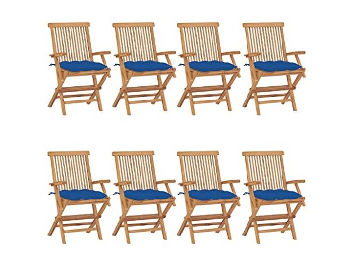 YUTAASU Klappstühle mit Blauen Kissen, 8-teilig, Teakholz Wetterbeständig, Platzsparend Klappbar, Pflegeleicht, Belastbar bis 110 kg