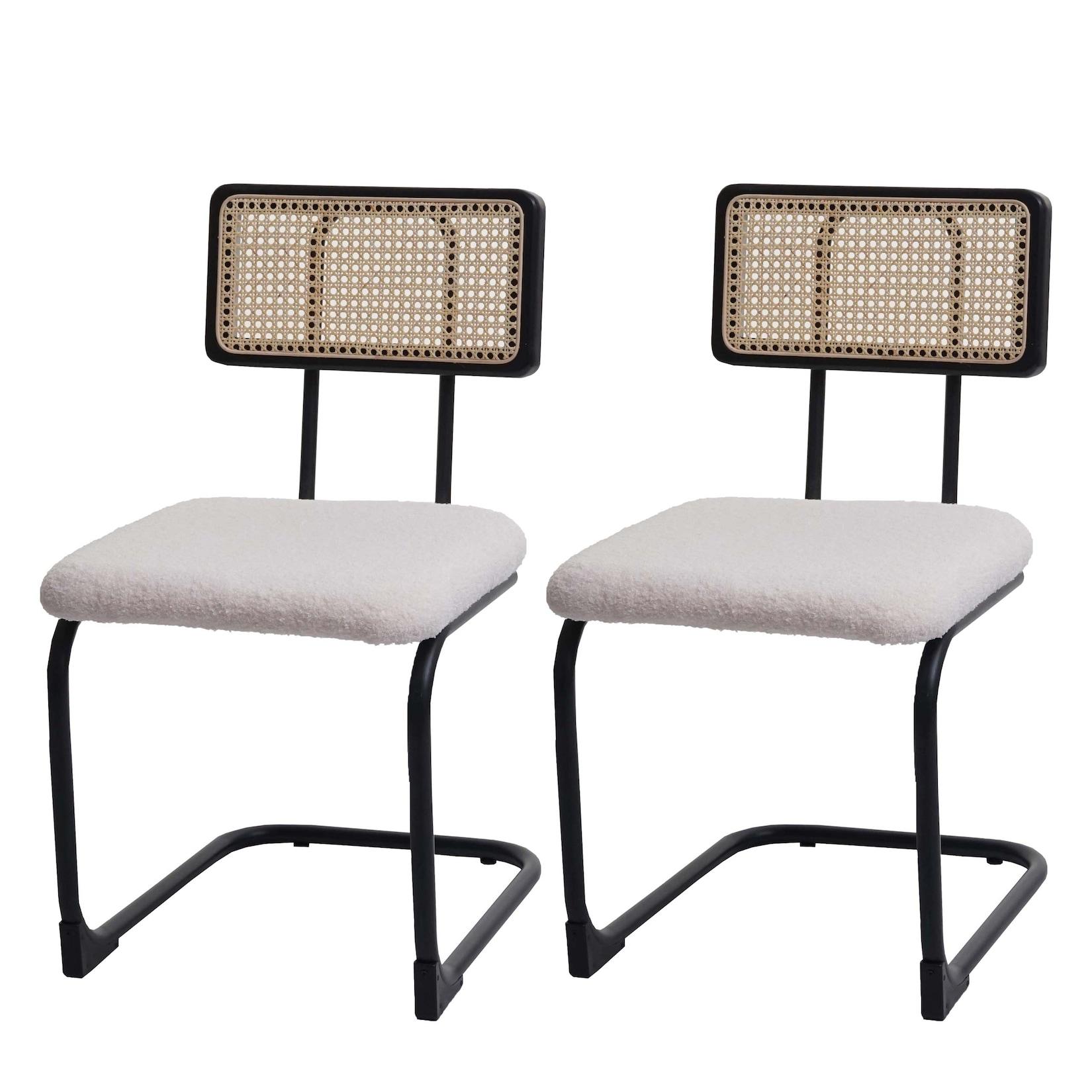 2er-Set Freischwinger-Stuhl MCW-K88, Stuhl Lehnstuhl, Holz Rattan Metall Bouclé ~ Stoff/Textil weiß