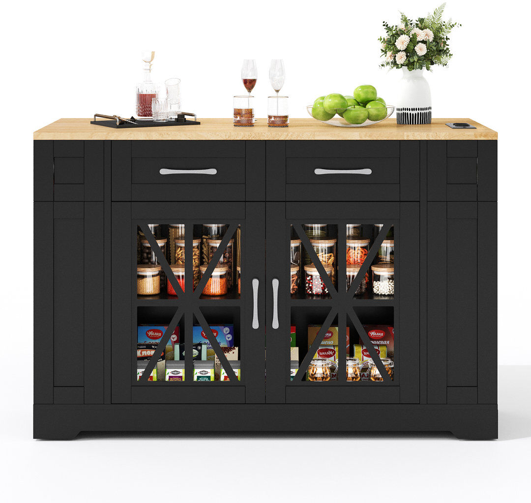 Rebrilliant 120 cm W Glass Top Kitchen Cart Black 92cm H X 120cm W X 65cm D