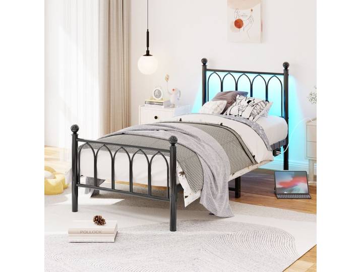 URTR Lit plateforme métal 90x200cm - Avec Rangement sous lit - éclairage LED/prise - Tête et pied de lit vintage - Noir