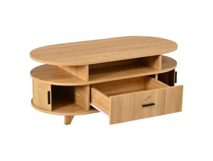 Couchtisch Oval 100x50x40cm mit Schublade & Türen MDF/Spanplatte, Nussbaum, 100x50x40cm, 30kg Traglast, abger. Ecken, Schubladen/Rolltüren, vormontiert
