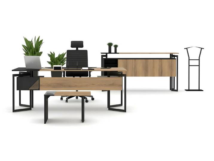 Xlmoebel Büromöbel-Set Schreibtisch mit Stauraum in Holzoptik und Couchtisch, (4tlg. Büro Set (Schreibtisch + Büroschrank + Kommode + Couchtisch), Hergestellt in Europa