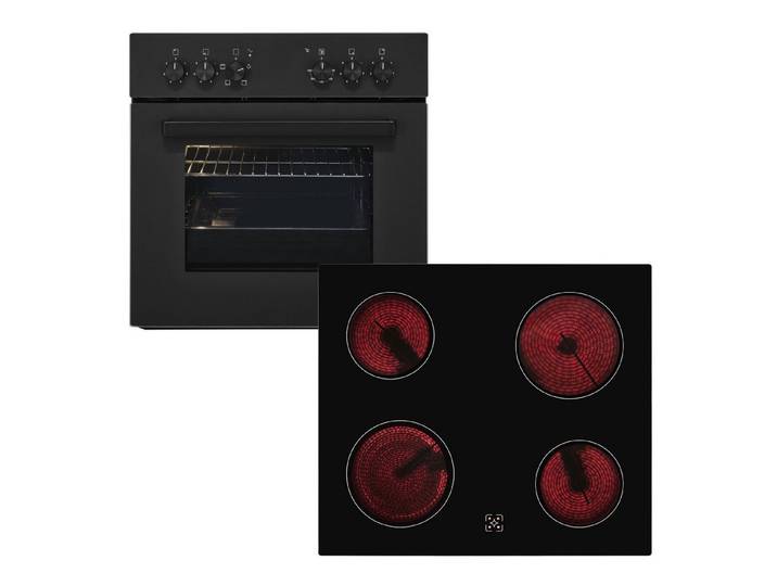 exquisit Backofen-Set EHE346-120 Set mattschwarz, Ober&Unterhitze mit 4-Zonen-Glaskeramikkochfeld – einfach & sicher!