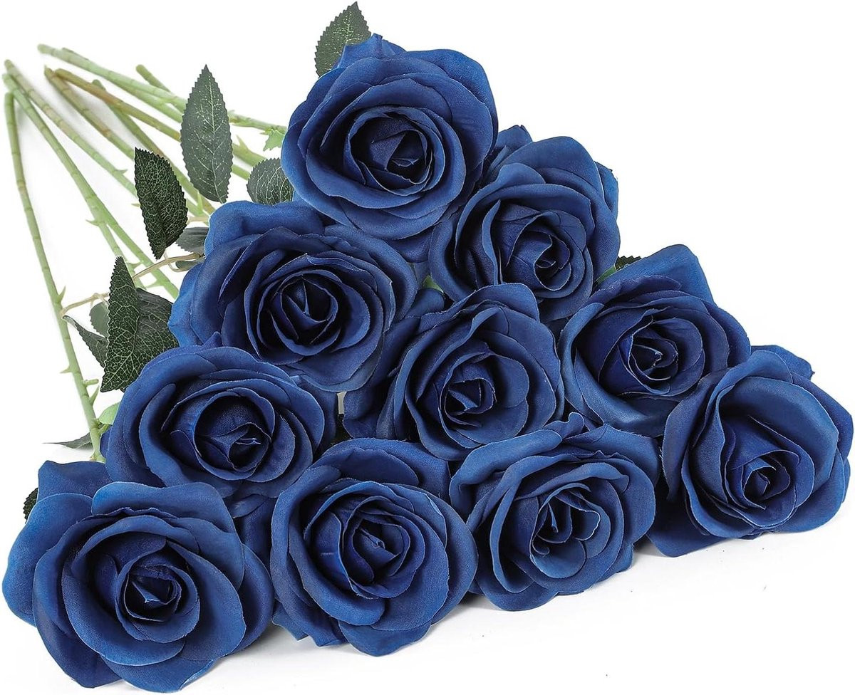 Set van 10 realistische kunstrozen van zijde voor decoratie - Marineblauw - 53 cm