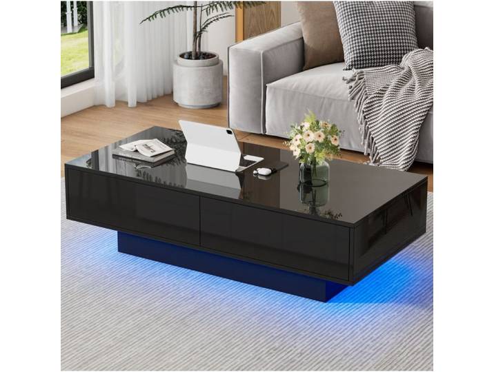 Table basse SENVIRO noire brillante lignes épurées ambiance LED 115x55x34cm noir