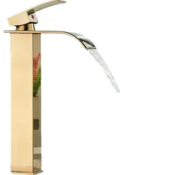 KLARWERK® ROSA | hohe Wasserfall Badarmatur Gold | Hotel Gastro Mischbatterie freistehendes Waschbecken | Edelstahl Wasserhahn hoher Auslauf