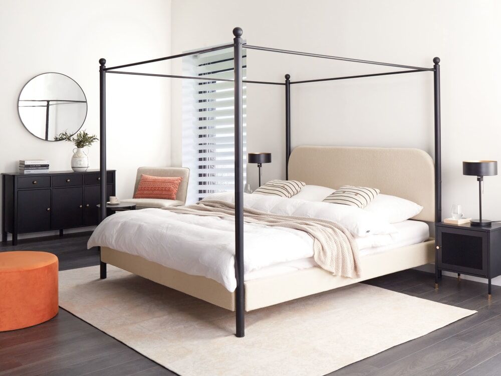 Beliani Lit à baldaquin en tissu beige 180x200 Beige 211x180x190cm