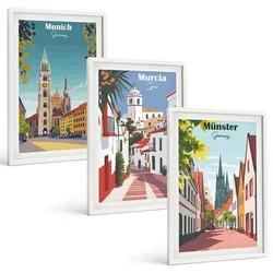 BILDER SET 3er Set - 40x60 cm Weißer Rahmen - Europäische Städte in farbigen Zeichnungen