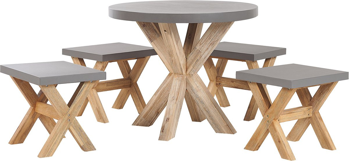 Beliani Olbia Tuinset voor 4 personen met ronde eettafel en krukken - Acaciahout en Vezelcement - Grijs