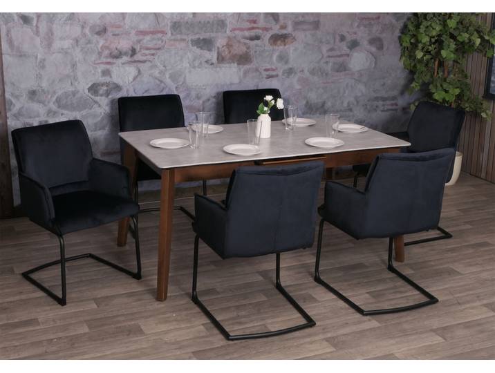 6er-Set Freischwinger HWC-N60, Esszimmerstuhl Küchenstuhl Stuhl, Stoff/Textil anthrazit-blau