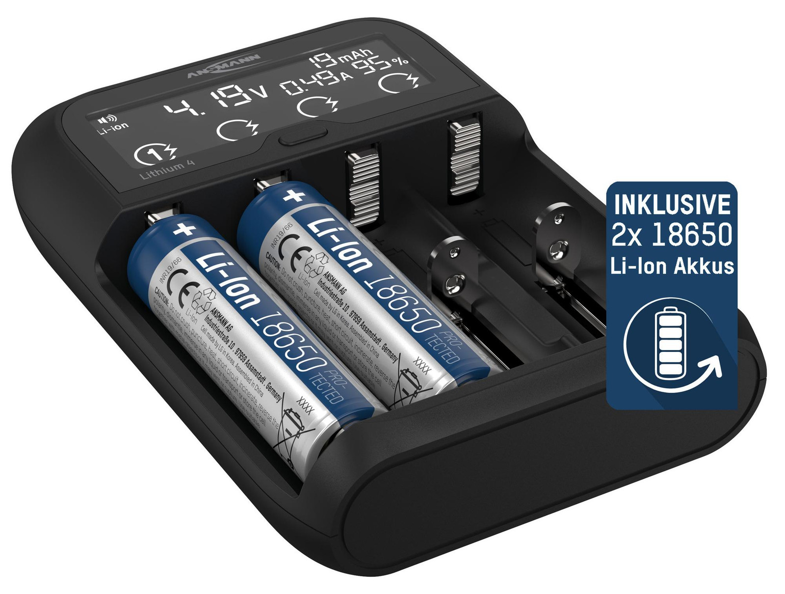 ANSMANN acculader inclusief 2x 18650 batterijen