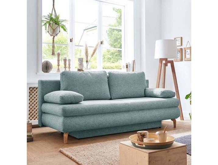 Schlafsofa Maranca Webstoff/Cord mit Bettkasten Kunstfaser 91x200x92cm Blau skandinavisch