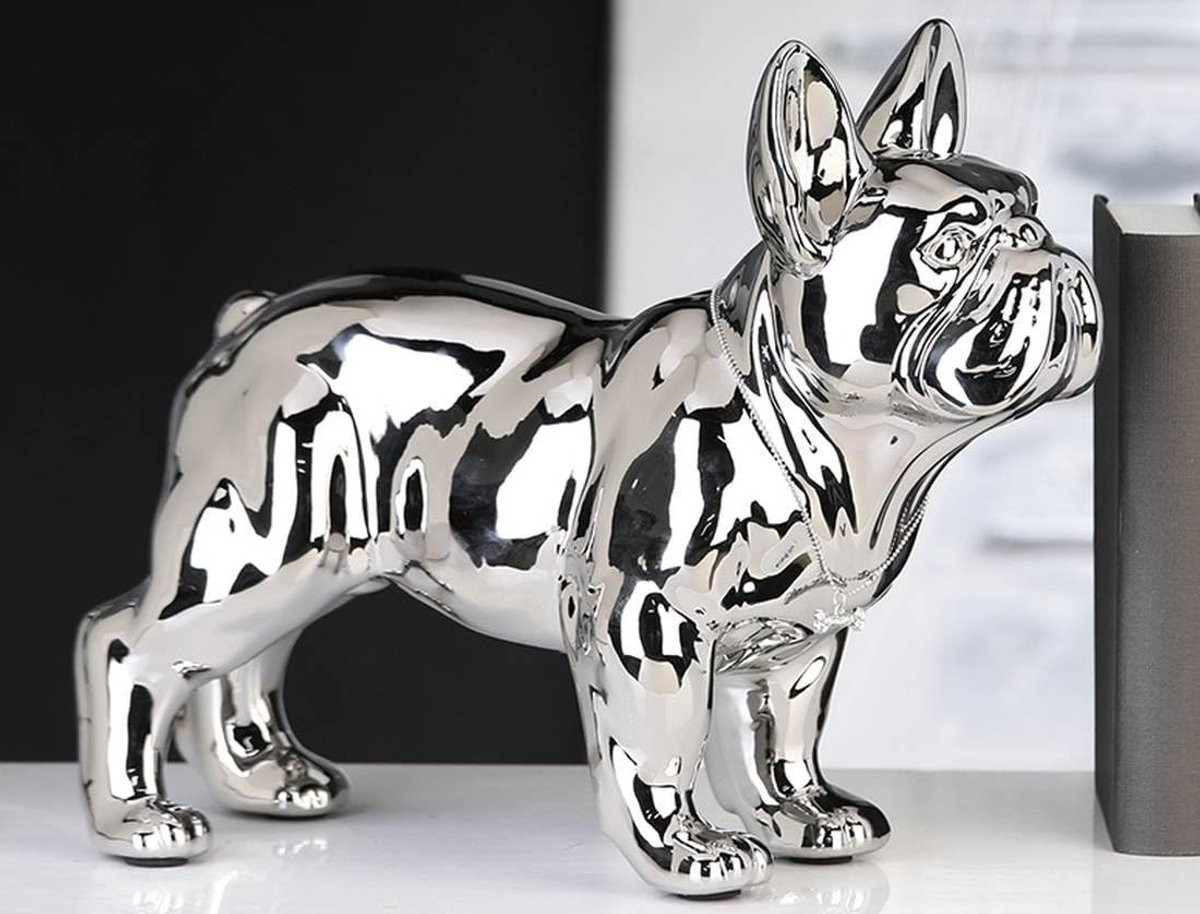 Keramiek Bulldog Figuur Decoratieve Hond Zilver Hoogte: 29 cm