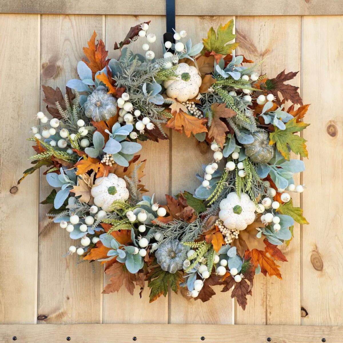 INF Couronne de citrouille pour Halloween et Thanksgiving - Feuilles givrées factices, Polyester+PU, 35cm x 35cm x 5cm