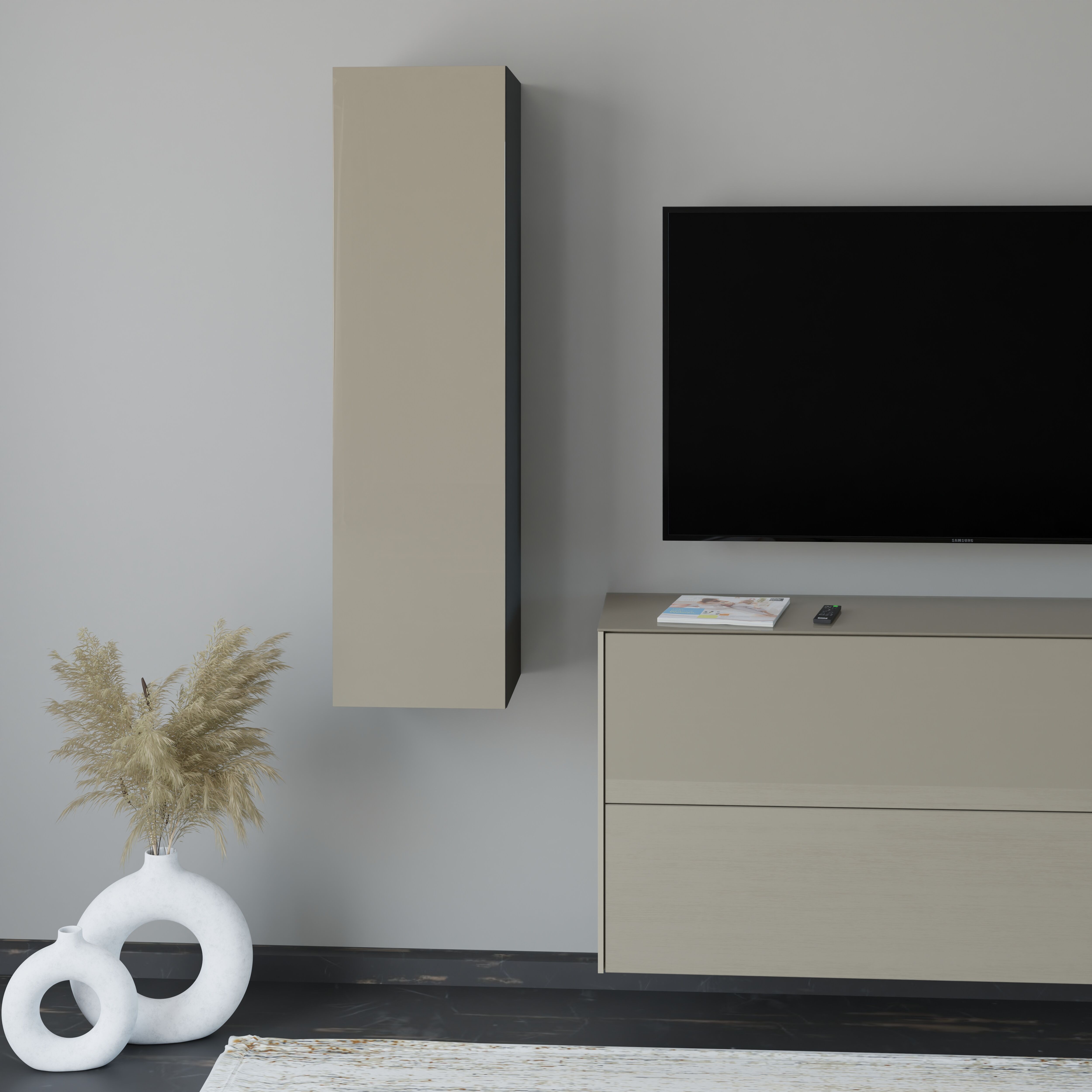 Hängeschrank "Reno", beige (graphit schwarz matt, glas taupe glanz), B:32cm H:118cm T:33cm, Glas, Holzwerkstoff, SET ONE BY MUSTERRING, Schränke, Hängeschrank, Für vertikale Montage, alternativ waagerecht montierbar