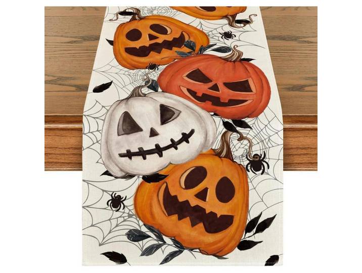 Tischläufer Halloween Kürbisse Spinnennetz 40 x 140 cm, Mehrfarbig, 40x1.5x140 cm, Heimtextilien, Wohntextilien, Tischwäsche, Tischläufer