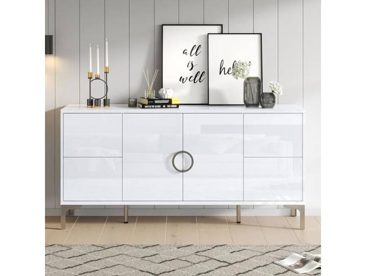 Buffet bas - KOMHTOM - 150x38x59 5cm - Blanc brillant - 4 tiroirs & 2 portes - Pieds métal