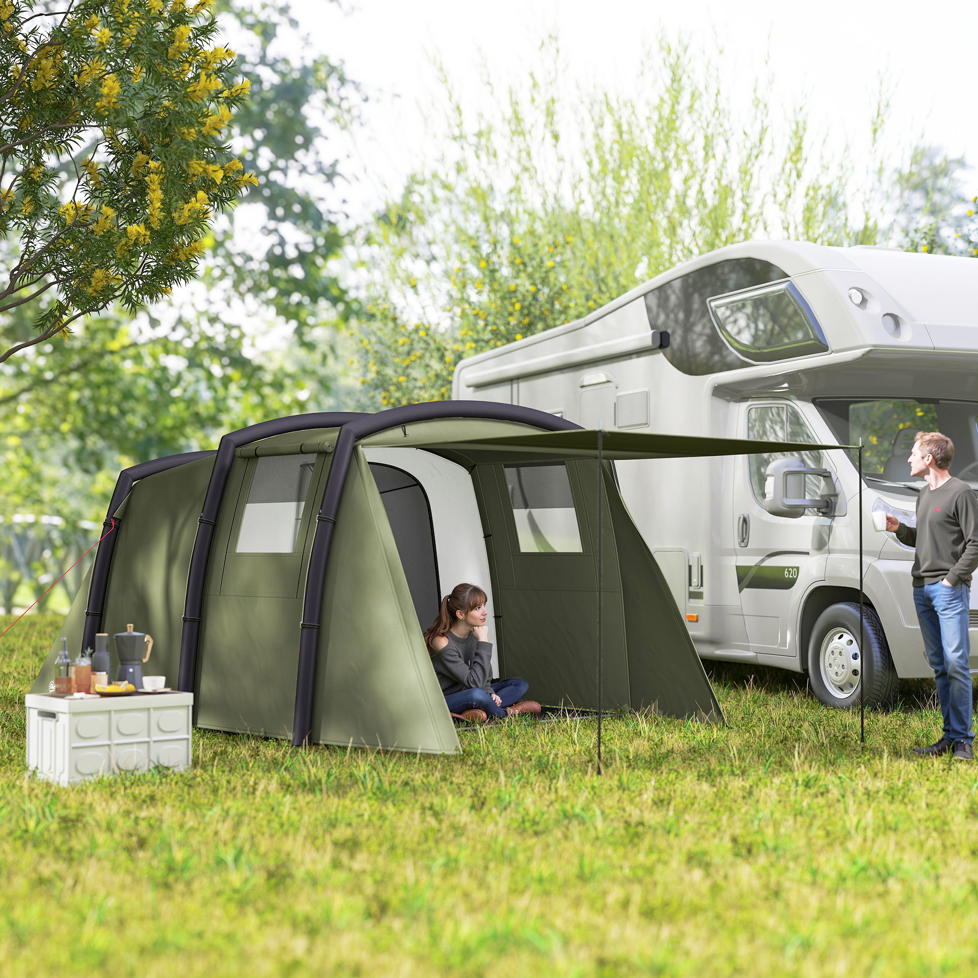 Outsunny Tenda da campeggio gonfiabile 3-6 persone tenda a tunnel da esterno con finestre laterali porta travi d'aria 4,4 x 2,8 x 1,95 m Verde   Aosom Italy