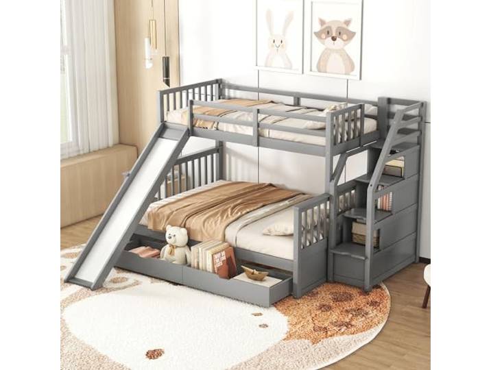 KUAKE Etagenbett 90 x 200 +140 x 200 mit Schubladen und Rutsche, Hochbett Kinderbett mit Treppe, Stauraumbett, Multifunktionales Kinderbett, Stockbett, Jugendbett, Doppelbet (Grau)