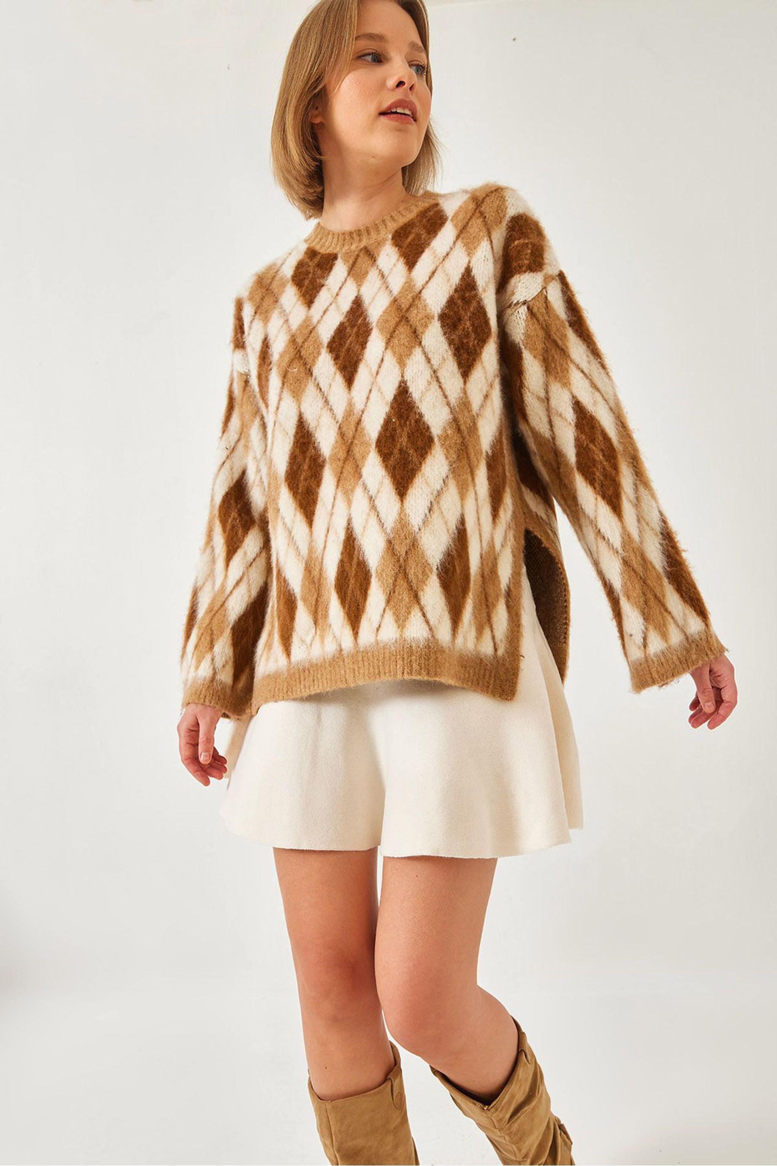 Crewneck Strickpullover mit Schlitz im Baklava-Muster