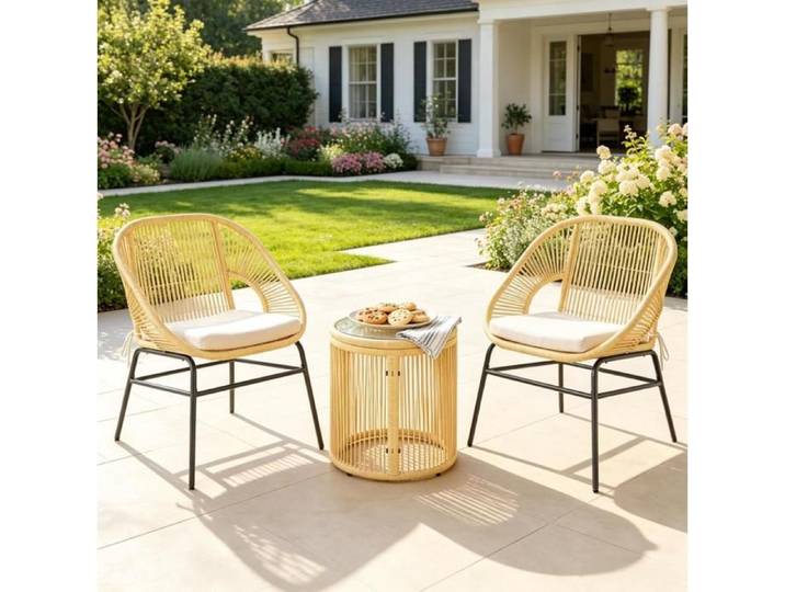 Ensemble table et chaises de jardin – Beige – 2 fauteuils table ronde résine tressée