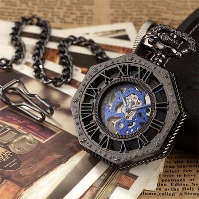 ModernMart Luxury Mechanical Skeleton Pocket Watch With Chain Vintage Steampunk Roman Dial Gold d