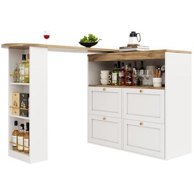 OKWISH Stehtisch Schreibtisch Drehbar Weiß 138x39x104cm mit 360 Grad Seitenregal 4 Schubladen offene Ablagen MDF Platte goldene Griffe schwarzer Metallrahmen