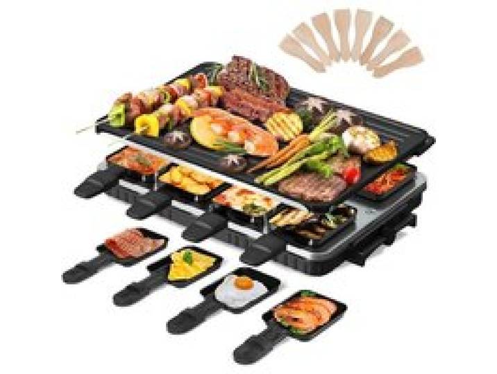 Appareil À Raclette Grill 8 Personnes 1300W Plaque Réversible Antiadhésive 8 Coupelles Et Spatules Bois Incluses