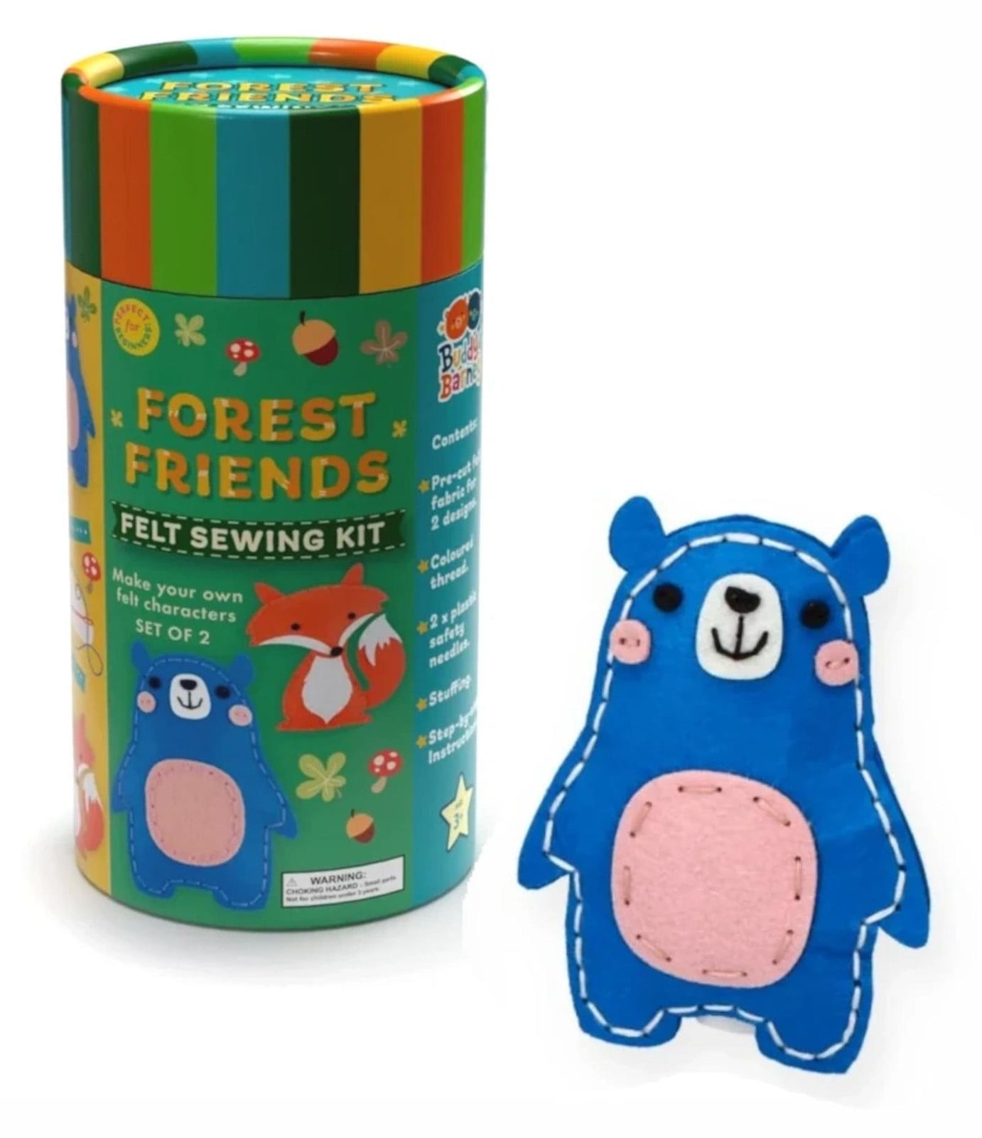 Buddy&Barney Doe-het-zelf naaiset bosdieren vilt naaiset set met vos en beer, 2 viltfiguren, 2 plastic naalden, 5 garenkleuren en vullmateriaal